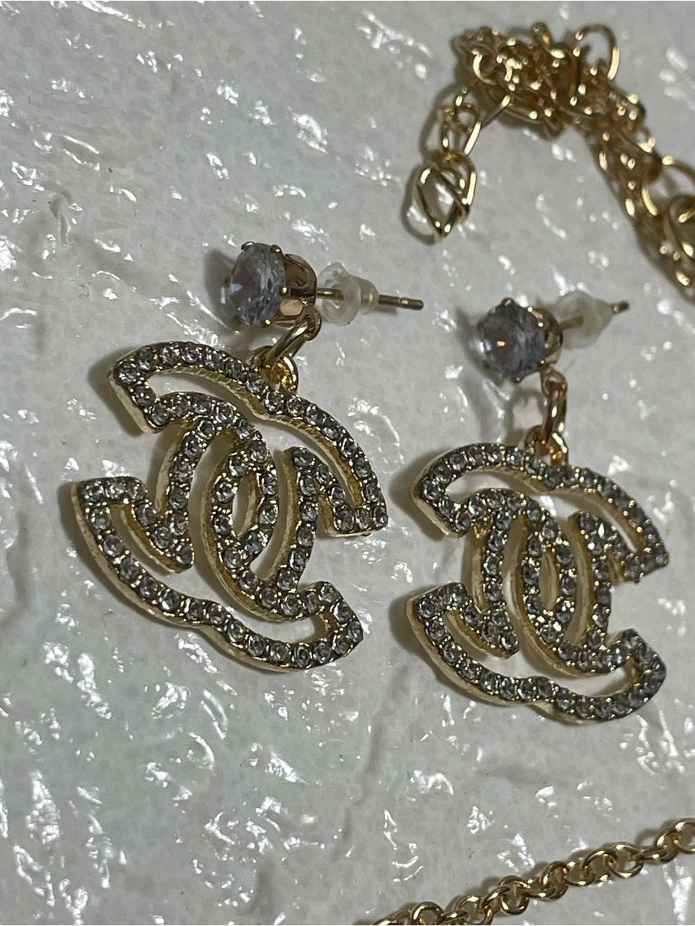 VTG Gold and Crystal CC Logo Necklace with Matching Stud Earrings - Picture 2 of 3